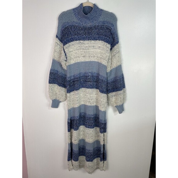 Free People Sweater Dress M Making Waves Blue Striped Eyelash-knit Granola Girl - Picture 3 of 13
